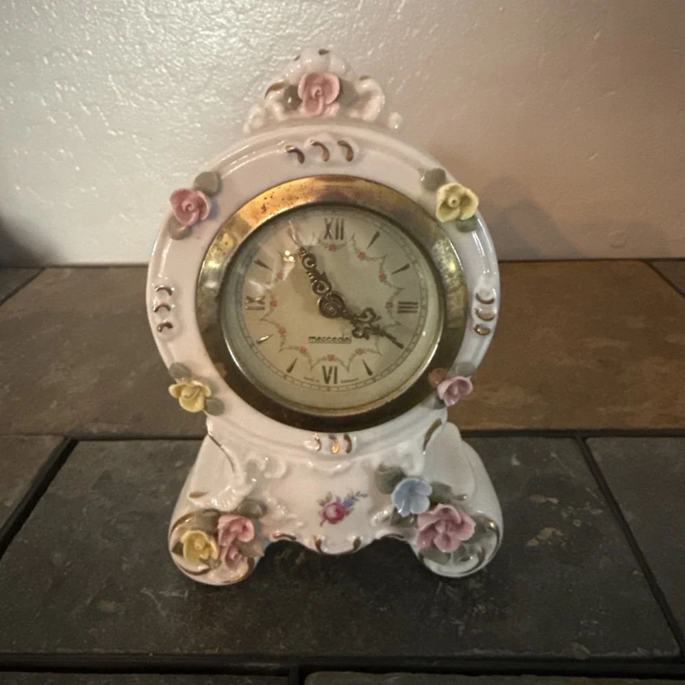 Vintage Dresden Mercedes Wind Up Miniature Porcelain Mantle Clock Germany-Works